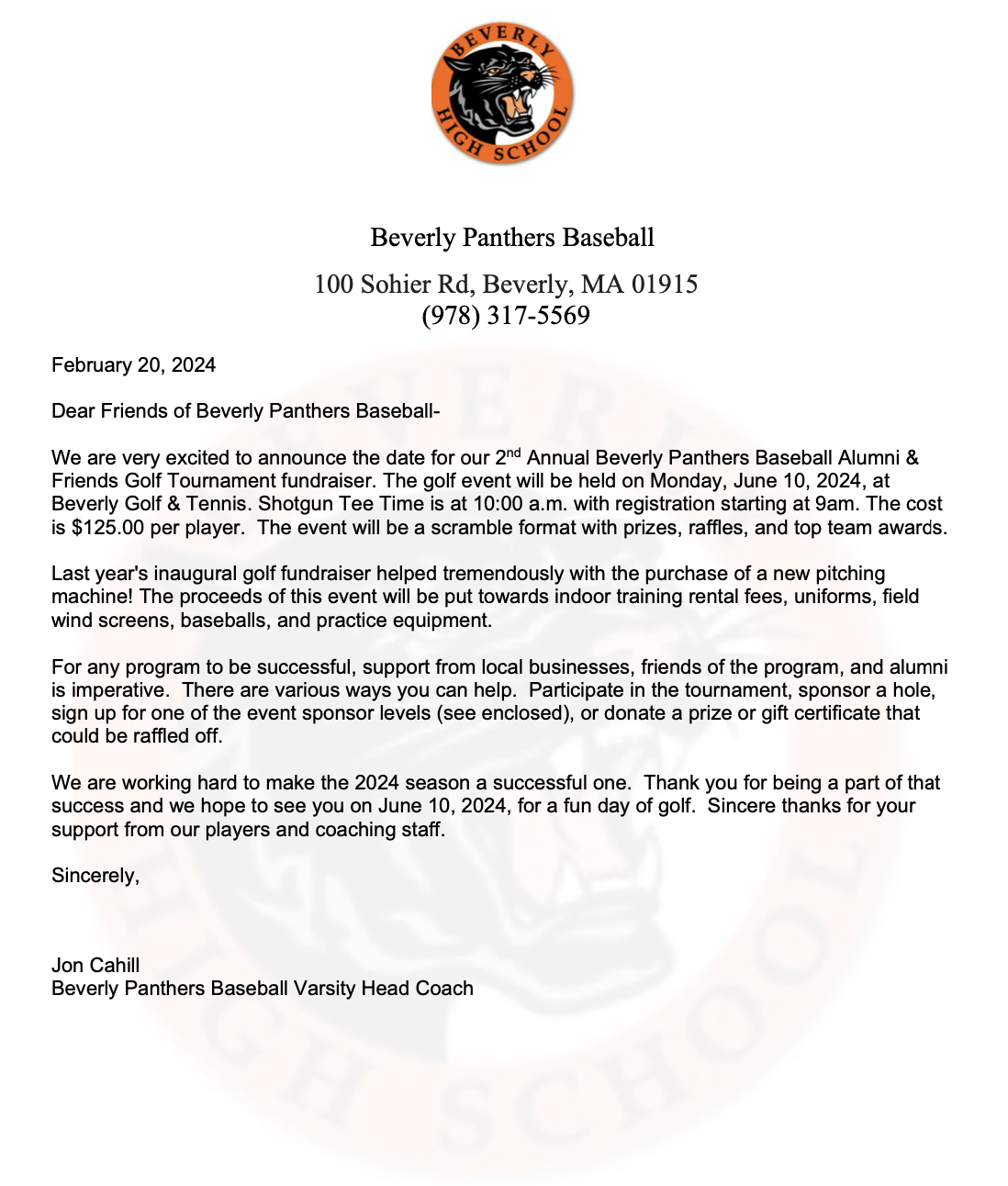 Letter from the coach of the baseball team